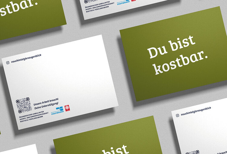 Ökumenischer Ambulater Hospiz- und Kinderhospizdienst Rostock und Kühlungsborn Postkarten Vorder- und Rückseite mit dem Titel "Du bist kostbar"
