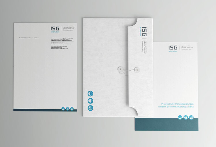 Geschäftsausstattung ISG automation Briefbogen und Cover Schreibblock ISG automation